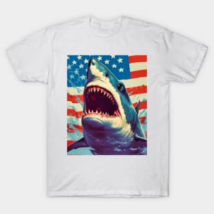 American Flag Patriotism and Freedom Great White Shark T-Shirt